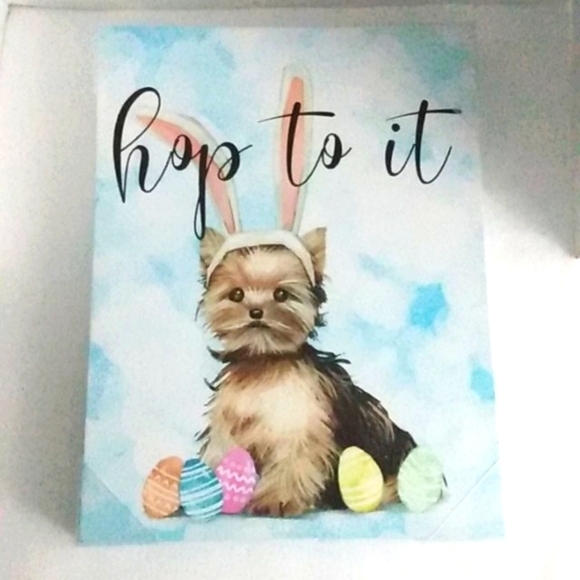 Easter Yorkie Puppy Bunny Ears & Patterned Eggs Stretched Canvas Wall Art NWOT - Picture 4 of 8